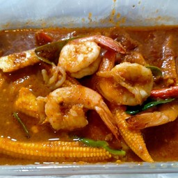 กุ้งสดผัดพริกแกง(กับข้าว)