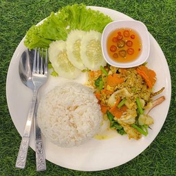 ผัดผงกะหรี่ราดข้าว (Stir Fried Meat Curry Powder over Rice) #D