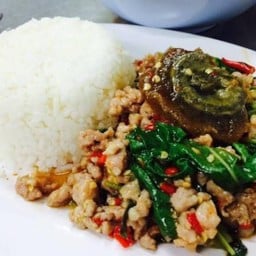 ผัดกะเพราไข่เยี้ยวม้าหมูสับ ราดข้าว