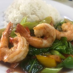 คะน้า กุ้ง ราดข้าว