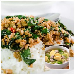 กระเพราหมูสับราดข้าว+ต้มจืดเต้าหู้หมูสับ
