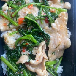 ข้าวราดผัดผักบุ้งหมูชิ้น