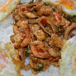 กระเพราถาดกุ้ง stir fried basil with shrimp