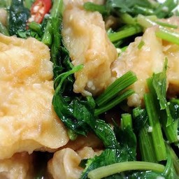 คะน้าน้ำมันหอยปลาดอลลี่ราดข้าว