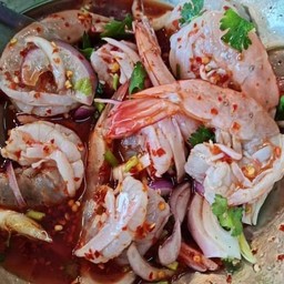 Spicy Salad With Fresh Shrimp, Egg Yolk, And Crispy Fish