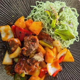 เนื้อสันในผัดซอสบาร์บีคิว+หมี่หยก