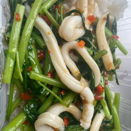 ข้าวราดผัดผักบุ้งหมึก