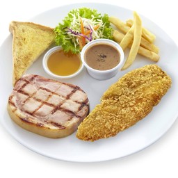 ชุดแฮมสเต็ก+ปลาชุบเกล็ดขนมปังทอด