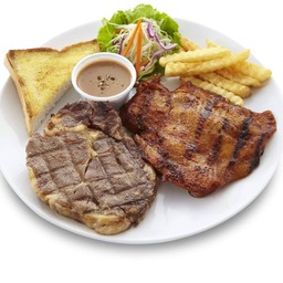 ชุดสเต็กเนื้อริบอายโคขุน+ไก่ฮ๊อตสไปซี่