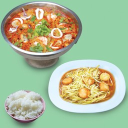 ต้มยำรวมมิตรทะเล+กุ้ยช่ายขาวผัดเต้าหู้ไข่+ข้าวสวย 1 ถุง