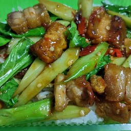 ผัดคะน้าหมูกรอบราดข้าว
