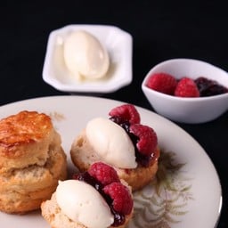 Cream scones with housemade cream and raspberry jam