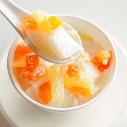 Chilled Almond Dean Curd with Fruit Salad
