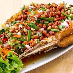 ปลากะพงสมุนไพร Deep fried sea bass with herbs