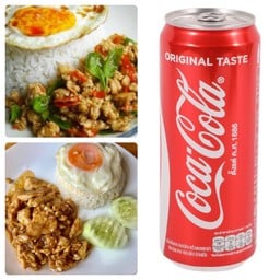 (อร่อยซ่ากับโค้ก) กะเพราไก่ ไข่ดาว + ไก่กระเทียม ไข่ดาว และโค้กกระป๋อง