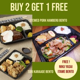 Stewed Pork Hamberg Bento & Tori Karaage Bento FREE Niku Yasai Itame Bento
