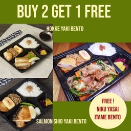 Hokke Yaki & Salmon Shio Yaki Bento FREE Niku Yasai Itame Bento