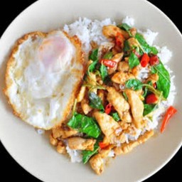 กระเพราหมูชิ้นราดข้าวไข่ดาว