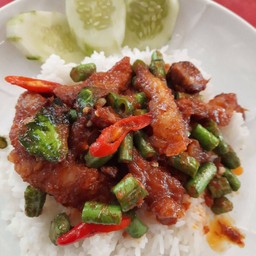 ผัดพริกแกงหมูกรอบราดข้าว