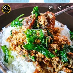 กระเพราไก่ไข่เยี่ยวม้าราดข้าว