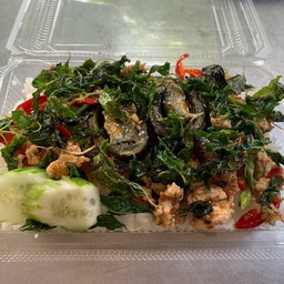 กะเพราหมูสับไข่เยี่ยวม้าราดข้าว(กะเพรากรอบ)