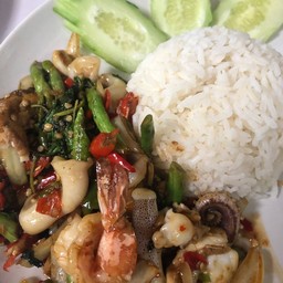 Fried Mixed Meat or Seafood or Fish with Basil Leaves
