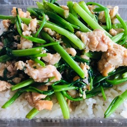 ข้าวราดผัดผักบุ้งหมูสับ