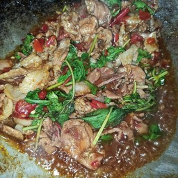 หน่อไม้ผัดพริกสดโรยกระเพราราดข้าว