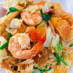 ผัดวุ้นเส้นกุ้งสดราดข้าว