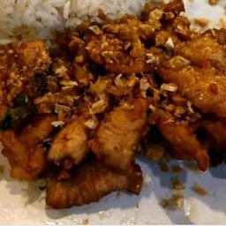 อกไก่ทอดกระเทียมราดข้าว