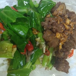 ข้าวคะน้าปลาเค็ม + เนื้อทอด