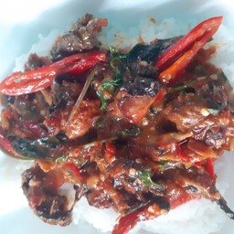 กบทอดผัดเผ็ดราดข้าว