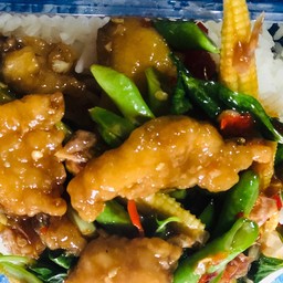 ผัดฉ่าปลากระพงทอด กับข้าว