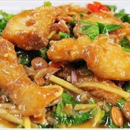 ปลากระพงทอดผัดคื่นช่าย กับข้าว