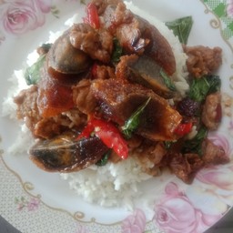 ข้าวผัดกระเพราเนื้อไข่เยี่ยวม้า