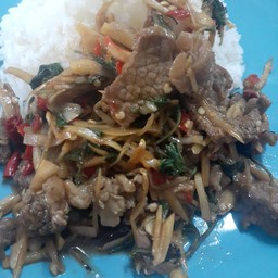 กะเพราเนื้อโคขุนราดข้าว