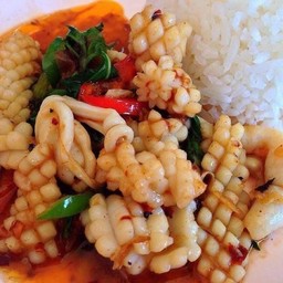 ปลาหมึกผัดพริกเผาราดข้าว