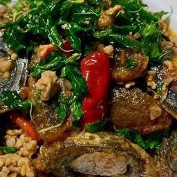 กระเพราไข่เยี่ยวม้าหมูสับราดข้าว