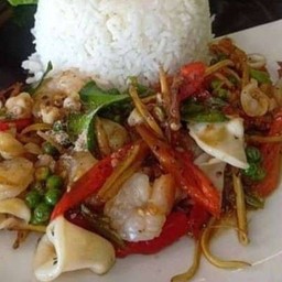 ผัดฉ่าปลาหมึก ราดข้าว