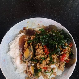 ข้าว + กะเพราหมูสับไข่เยี่ยวม้า