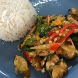 ข้าวราดผัดฉ่าหอยแมลงภู่