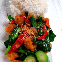 ข้าวคะน้าหมูชิ้นน้ำมันหอย