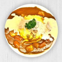 ข้าวแกงกะหรี่ไข่นุ่มซอสครีม+ไก่ห่อชีส