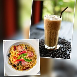 สปาเก็ตตี้เบค่อนผัดพริกแห้ง + เอสเพลสโซ่เย็น