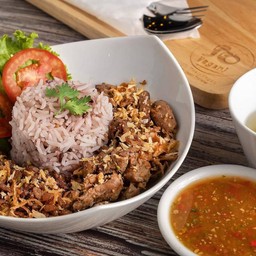 ข้าวแห้งเห็ด Rice topped with mushroom's stripe&minced porkless