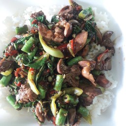 กะเพราเครื่องในไก่ราดข้าว