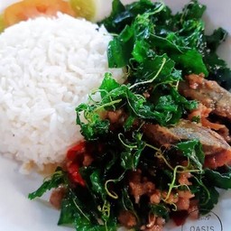 กะเพราไข่เยี่ยวม้าราดข้าว