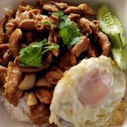 ไก่ทอดกระเทียม ราดข้าว