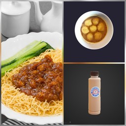 Set B บะหมี่หมูซอสพริก, ลูกชิ้นปลาผงกะหรี่, ชานมหรือเก๊กฮวยน้ำผึ้ง Hot&Sour pork sauce noodles, curry fish balls, Drink( milk tea or Chrysanthemum tea)