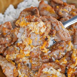 หมูทอดกระเทียมผัดไข่ราดข้าว